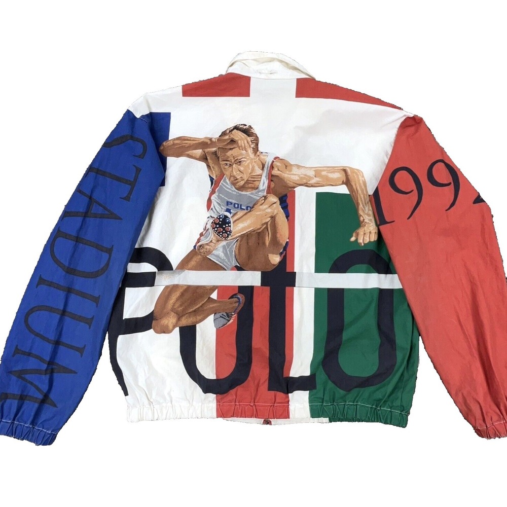 Vintage Polo Ralph‎ Lauren Jacket Men M 90s Olympics Stadium Hurdle Man 1992 AOP